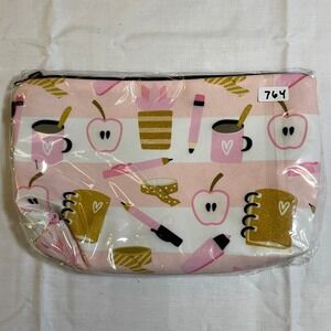 The Pouch‎ Cosmetic Bag Womens Small Pink NWT Stationery Print Zipper Pouch 8x5